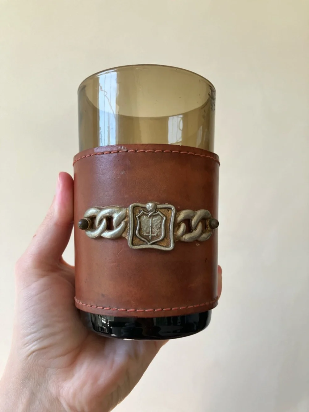 Vintage Leather Wrapped Bourbon Whisky Glass With Metal Crest Barware 20oz